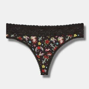 Torrid - Cotton Mid-Rise Thong Panty in Star Girl Tattoo Rich Black​​​​